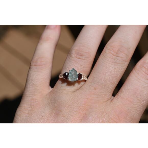 Engagement ring Garnet Ring - Aquamarine ring - Uncut - Raw Gemstone ring - Picture 1 of 4